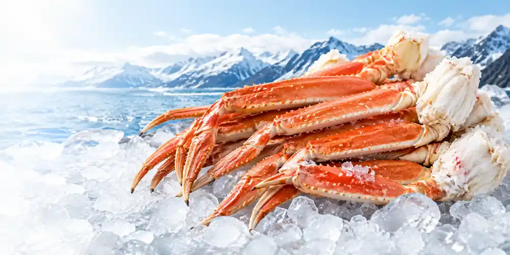 Premium cooked snow crab legs presented with lemon and rosemary. Fresh Seafood Supply offers frozen snow crab clusters for wholesale buyers, seafood distributors, restaurants and international importers.