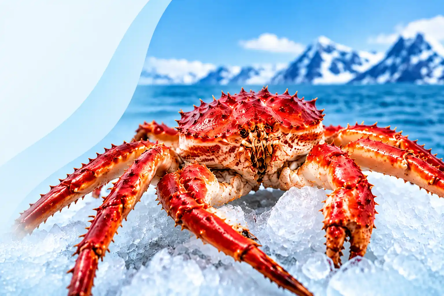 Live red king crab on ice for restaurants, seafood importers, wholesalers, and commercial seafood buyers.

