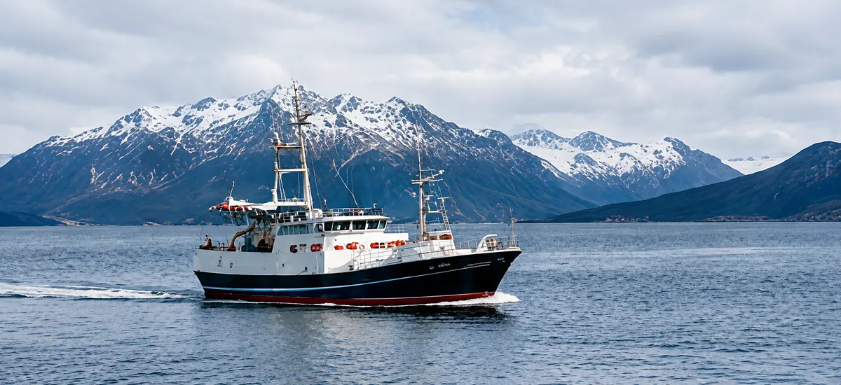 Norwegian fishing boat sailing through the cold waters of Northern Norway with snow-covered mountains in the background.
